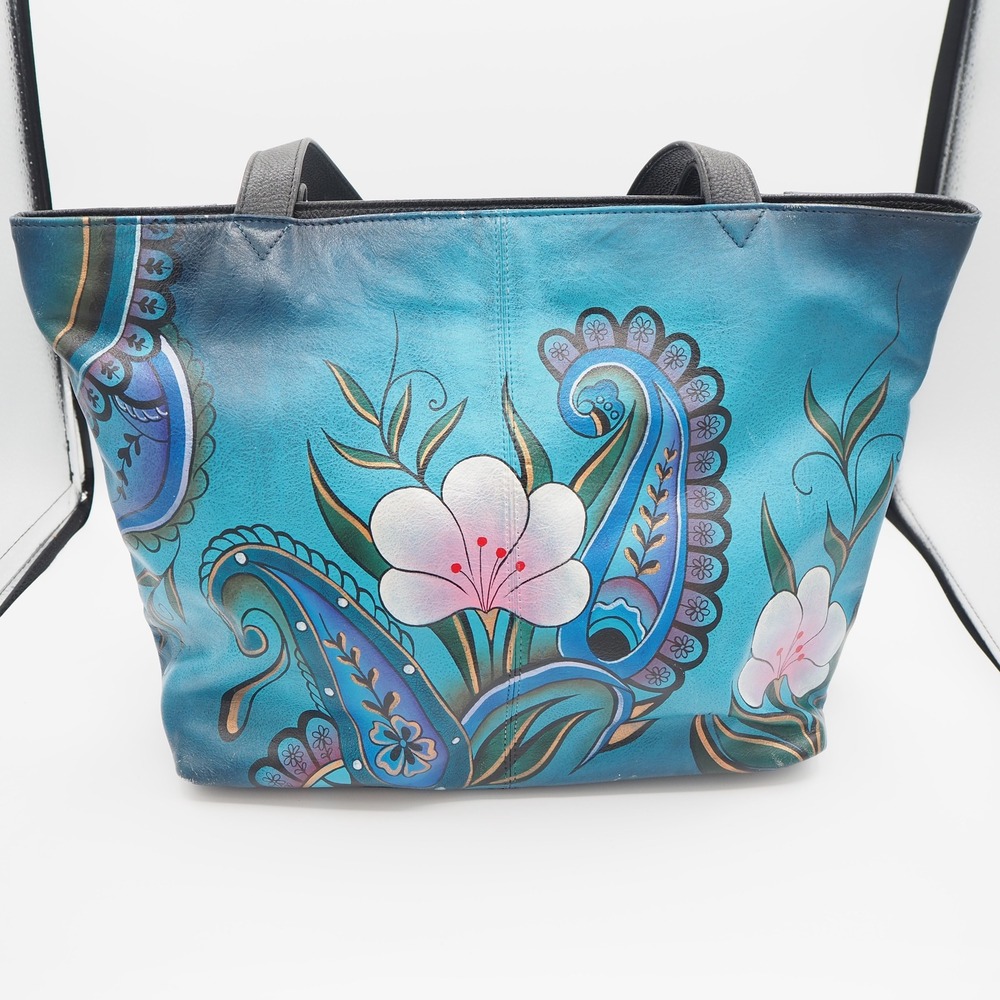 Anna By Anuschka Women's Hand Painted Leather Tote Bag Purse Floral Paisley Boho